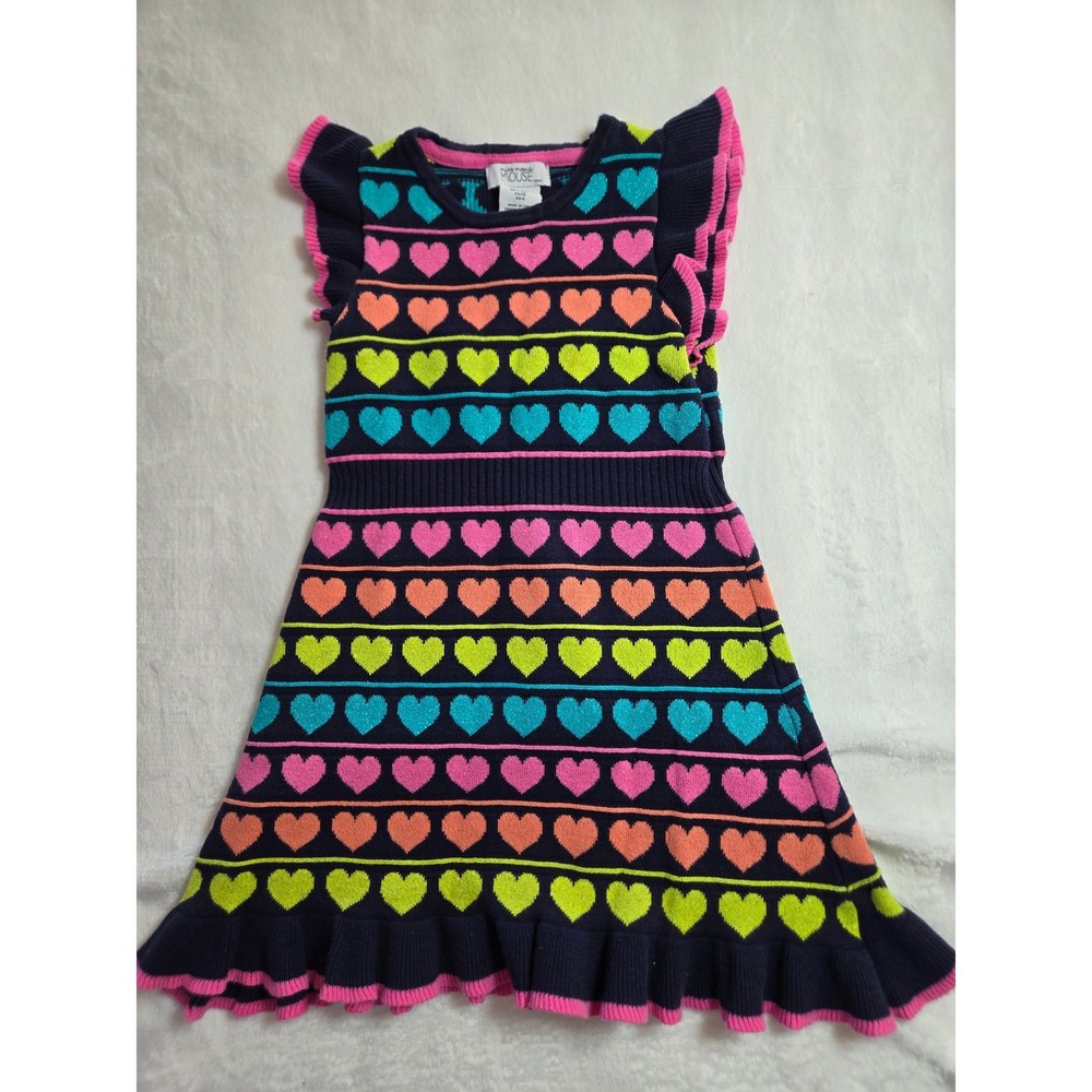 Miss Mona Mouse Girls Navy Blue Multi Neon Heart Knit Ruffle Sweater Dress‎ Sz 6